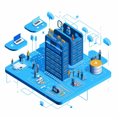clipart isometric style with vivid blue sky color scheme and white background that depicts a database with efficient use of hardware resources reduces hardware, maintenance, and operational costs, while requiring fewer nodes for equivalent performance.