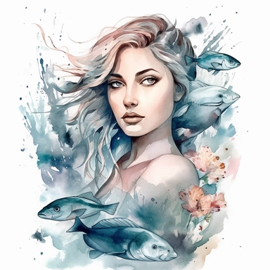 watercolour clipart beautiful woman with two fish. Watercolor effect. The clipart should be of the highest quality, with great detail, clear outlines and lines, gentle pastel colors, and should be elegant and beautiful, white background, without watermarks