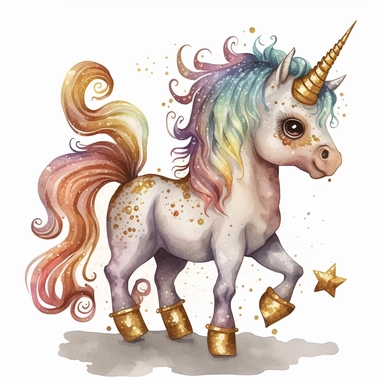 fantasy baby unicorn, clipart watercolor illustration, aquarallist, cute, big eyes, colourful, unicorncore, fairycore, free brushwork, watercolor, light and bright, four legs, gold horn, sparkle, skarklecore, detailed, isolated on a white background,
