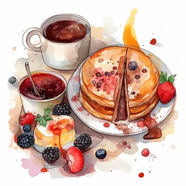watercolor, breakfast and the desserts illustration, in the style of fluid watercolor washes, red and beige, detailed designs, multiple screens commission for, vividly bold designs png Full body realistic cartoon in 32K UHD cute. 15 cm thick outline. Black color. There was no shadow on the ground. 8k with realistic watercolors and detailed illustrations. PNG clipart, transparent white background