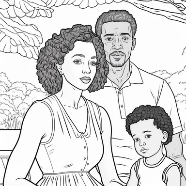 monochrome classic coloring book page of full body head to toe clipart style of smiling, African American family man with wife and children, smooth skin no blemish, he has round detailed eyes, chiseled face with hair, hyper realistic, hyper detailed, hair