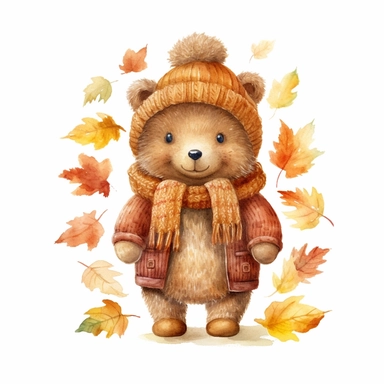 A bear autumn-themed, full color, knitted painting texture, Perfect for nursery art and children's book illustration style, simple, cute, full color, clipart, watercolor illustration, single object, high definition 8k, white background for removing background