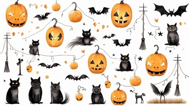 Halloween watercolor illustration set with different animals, text messages, streamers, Halloween symbols and shapes in black and orange color. Hand painted clipart on white background for design.