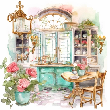 Make a clipart of a fairytale watercolor french country kitchen, rococo, with bright pastel colors of turquoise and green, pink roses, gold accents, black outlines, hd, white background