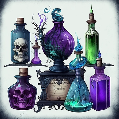 Many Gothic style Magical Potion bottles on the wizard shelf with watercolor effect,a skull,mystical magic books,victorian style candlestick,fantasy scene, suitable for digital clipart,dark colours,purple color,blue color,green color,white background