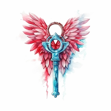 fantasy unique key with wings watercolor clipart, red and blue, make behind the key creative, white background