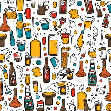 clipart, repeating webtile, white background, icons of beer bottles, shot glasses, streamers, general party vibe