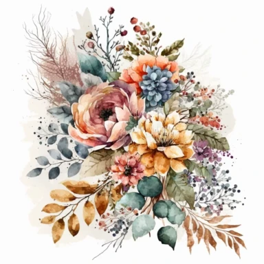 watercolor bouquet of flowers, floral, rustic yet colorful clipart, white background