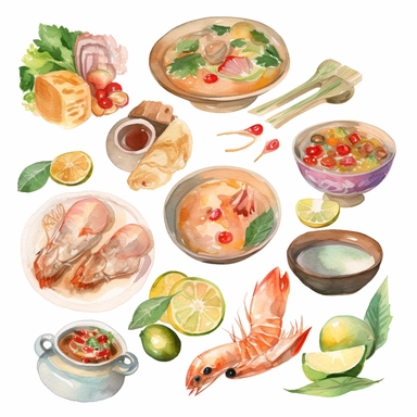 Watercolor illustration of thai cuisine clipart, created by WorldFoodArtX, showcasing vibrant colors, delicate brushwork, and cultural authenticity, perfect for menu design, food blogging, recipe books, or educational projects