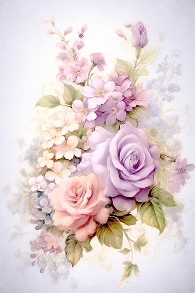 Vintage shabby damask clipart vignette with delicate floral patterns along the sides and corners of the image, small cute bright oil painting vignette with beautiful roses and blooming lilacs, light pastel tones in the center of the image,