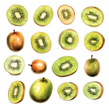 Draw a set of playful and colorful, watercolor style illustrations of kiwis, evenly space elements for clipart, white background