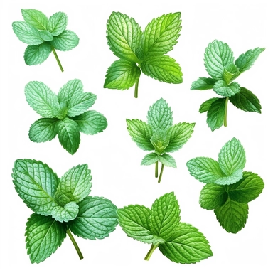 incredible detailed acrylic art mint leaves set clipart, hyperrealism, clear picture in high resolution, highlights , white background, appetizing, clear and contrast image, reflections, very detailed drawing, menu illustration, realism, high quality, lighting like in a photo studio, advertising, hd