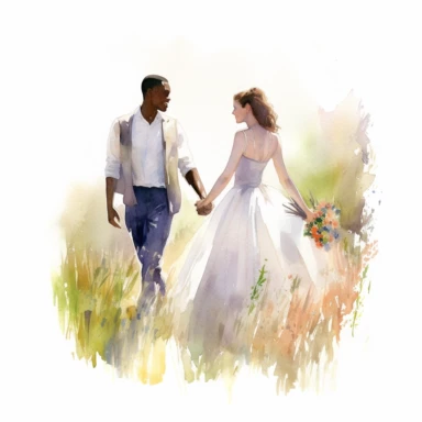 Athletic Caucasian bride and African groom, walking hand in hand through a sunlit meadow, radiant and blissful, watercolor, Pixar style, Clipart on a white background.