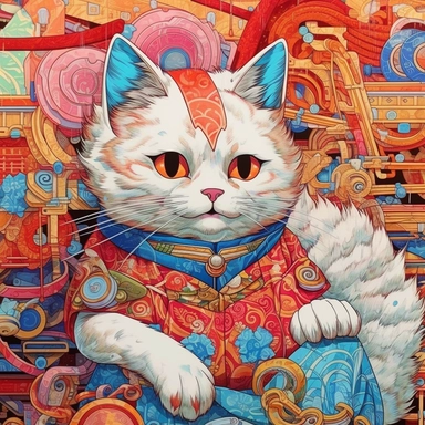 Construct a generative art installation that uses algorithmic techniques to create an ever - changing display of comical manga panels, featuring iconic Japanese characters experiencing humorous and unexpected situations, Ragdoll cat wearing a beauty of Japan kimono. incredibly detailed, sharpen details, atercolor & Gouache painting Style, Premium clipart, clean line, on only white background, spaced out, award winning picture, incredibly detailed, sharpen details, Color Grading, Ultra - Wide Ang
