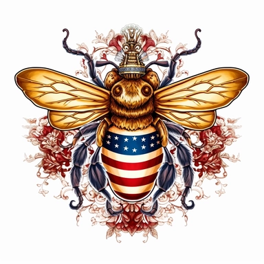 a patriotic realm with a 4th of July bee, its buzzing flight and stripes encapsulating the spirit of independence,hyper ralistic,in the style of art nouveau,clipart,white background