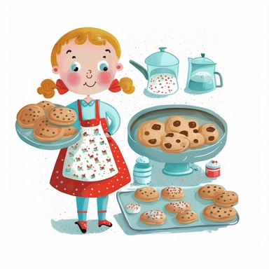a cute clipart mother is making cookies for breakfast, there is an oven, she is wearing an apron, half body, zoom in the cookies on the baking tray, white transparent background