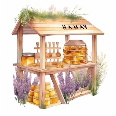 hand drawn honey stand, honey for sale, flowers and grass, shades of yellow and purple, very detailed, very realistic, watercolor, clipart style white background with margins