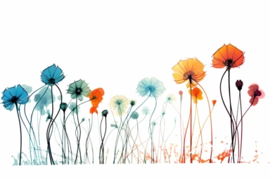 ink drawing eight flowers vector clipart, ink style, flat style, free-hand light color brush strokes under ink lines, sparse use of color, white background, spaced out, juxtaposition of lines, elegant inking techniques