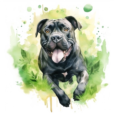 Cane Corso happily playing fetch in a lush green park, showcasing its energetic and playful personality, white background, watercolor clipart.