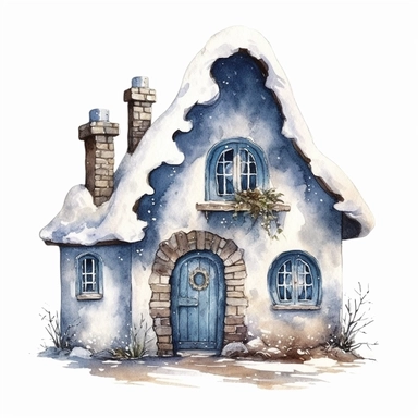 winter, snow, frozen, cute Cottagecore fairy house Clipart, watercolor, white background with margins