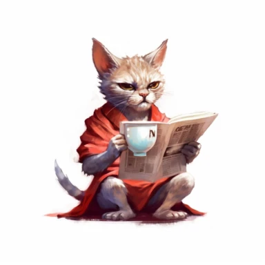a cat drinking a cup of coffee, reading the newspaper, pixar style, clipart, white background