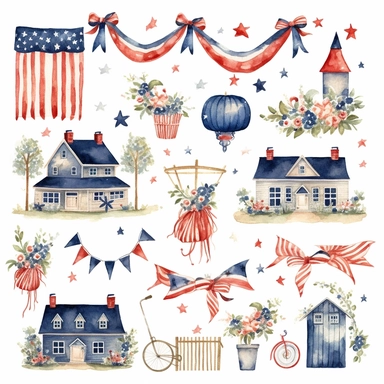 watercolor 4th of july patriotic decorations, illustrations clipart set, simple, , cartoon elements , bunting, ribbon elements, door wreaths, different variants , separate elements with a margin