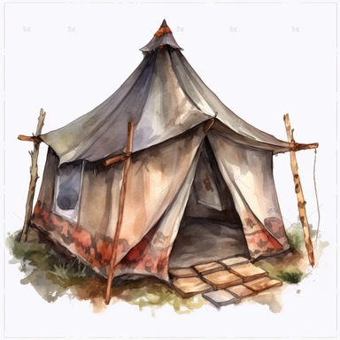 watercolor, Tent - Clip art of a tent or camping shelter. png Full body realistic cartoon in 32K UHD cute. 15 cm thick outline. Black color. There was no shadow on the ground. 8k with realistic watercolors and detailed illustrations. PNG clipart, transparent white background