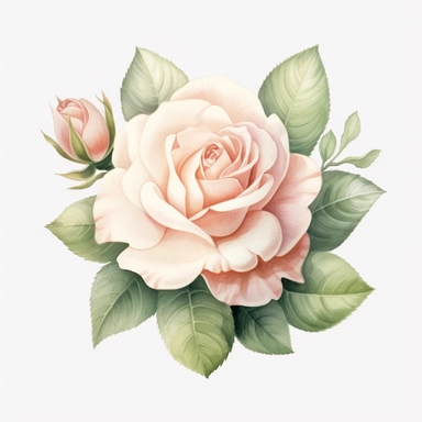 Delicate pink rose clipart against a pristine white background. The illustration showcases a beautifully detailed pink rose with soft petals and lush green leaves. The color palette includes shades of blush pink and hints of green. The white background adds a clean and contemporary feel, allowing the rose to bloom gracefully. The lighting is gentle, casting a subtle glow on the flower's intricate details. The atmosphere exudes a sense of elegance and natural beauty.