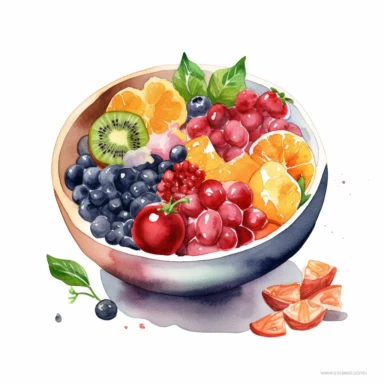 watercolor clipart of bowl, presented in a flatlay style with a top-side view on a clean white background. bowl should be filled with a visually appealing arrangement of nutritious ingredients, showcasing their vibrant colors and textures. Ensure that the bowl is not overlapping or interacting with each other, maintaining a clear separation between them. Capture the details of each ingredient with delicate watercolor strokes, emphasizing their freshness and natural appeal. The watercolor style s