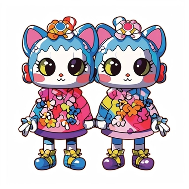 two Takashi Murakami style cats holding hands wearing cute dresses with big cartoon shoes, with bows in the hair , clip art, Japanese