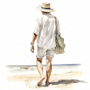 Young tall man with light hair on the beach, he is in a white clothes , white jeans shorts, and hat, full body view from the back, pencils and watercolor by Mary Whyte, clipart, solid white background