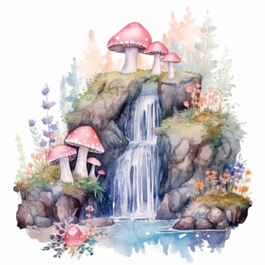 Clipart, isolated on white background, beautiful cute Watercolor Spring waterfalls through the stones, forest woodland nature landscape scenery, plants and flowers, ornated, pastel colors