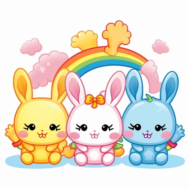 create a kawaii clipart set of 4 featuring very cute kawaii bunnies with a rainbow friend. Add a very charming expression to them. White background