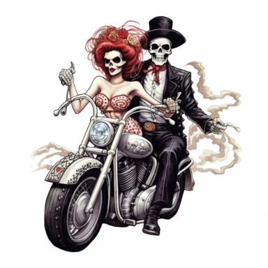 skull headed and skull faced motorcyclist on a harley looking like a las vegas showgirl white background clipart c 100
