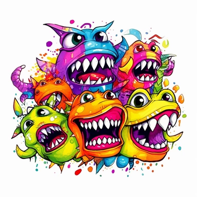 monster sharp teeth neon colors happy kids clipart white background
