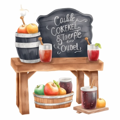 create a beatiful highly deatailed and saturated disney style watercolor clipart image of an old fashion wooden coffee shop style stand selling apple juice and hot apple cider, with a small decorative wooden chalkboard sign, white background, no text, no font