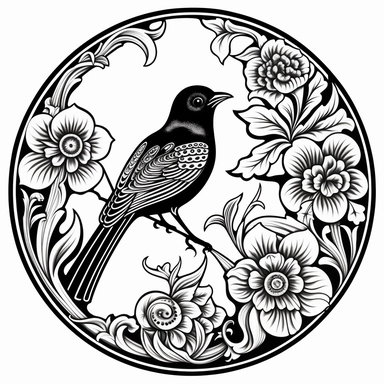 Left aligned, bottom aligned, quarter of a circle, art nouveau style, black lines, detailed, flat design, flat flowers and bird, white background, clipart style, black and white,