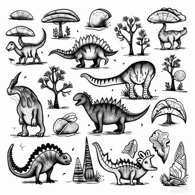 collection of cute graphic lino cut dinosaurs, black and white, black outlines, white background, simple line drawing, clipart