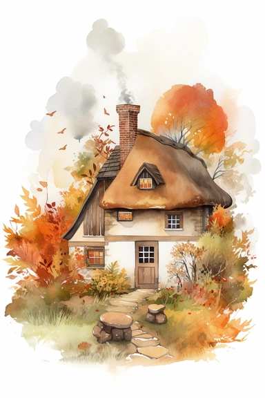 a watercolor clipart on white background of a cozy thatched roof cottage with stone walls and a chimney with smoke coming out, nestled among trees with leaves in shades of red, orange and yellow with vibrant autumn foliage and a pumpkin patch in the garden