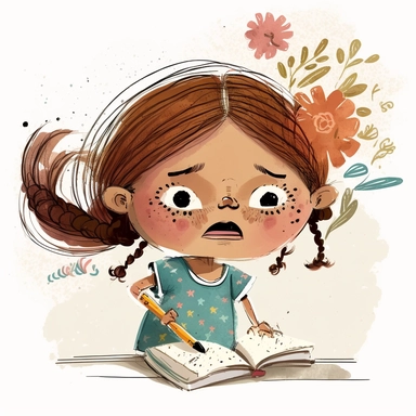watercolor clipart, Girl doing the exercise in the book, frustrated, math, girl hold pencil