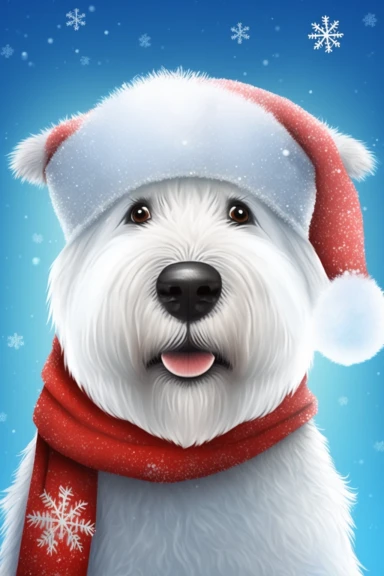 no text, winter wonderland background with snow and snowflakes, 3d whole body clipart of a smiling, friendly dog, wearing a santa clause hat, christmas vibes, cartoon network style, friendly face, head unproportionally bigger than body, detailed body shape, front shot, insanely big shiny eyes, caricatured face, insanely glossy, plastic like fur and skin, unrealistic, 8k photography, cinematic, super cute face, Photography, Ultra-Wide Angle, Depth of Field, hyper-detailed, beautifully color-coded