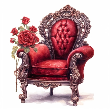 A Victorian armchair with ornate carvings, upholstered in rich velvet. Red roses abundantly adorn the backrest and armrests, creating a striking display. White background, clipart, watercolor, intricate detail.