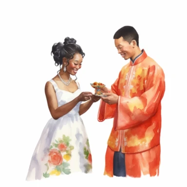 African bride and Chinese groom, exchanging wedding rings, joyful and excited expressions, watercolor, Pixar style, Clipart on a white background.