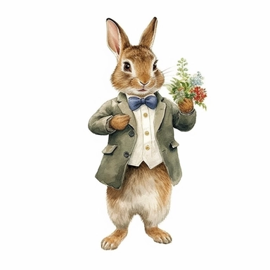 classic Beatrix potter Watercolor svg clipart of a cute adorable side view Peter rabbit illustration by Beatrix potter , pastel groom wedding suit , cottage core, png isolated on white background