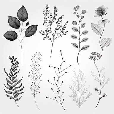 Minimalist botanical line art sketches,line floral clip art, black line, pencil floral sketches, buttons and leaves, collection of handrawn floral elements, white background, Hand drawn line leaves branches and flowers, monochrome, inck draw