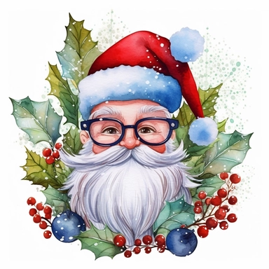 watercolor painting of cute santa smile cute big eyes wear big glasses, santa Full body, have small leaf Berries Plant Isolate on top Hat, cute detailed digital art, whimsical and cute, cute detailed artwork, glimmering, adorable and whimsical, whimsical art, Clipart style, png style, svg style