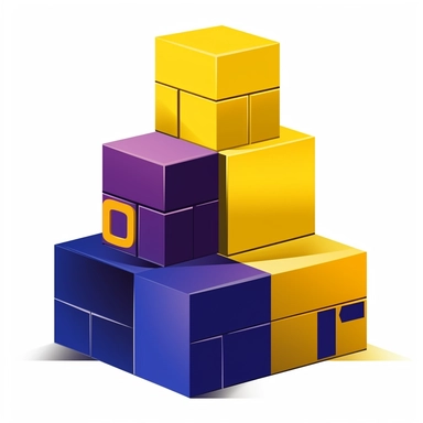 three building blocks. cartoon style, vector art. high contrast. color palette: yellow-gold, navy blue, bright violet. icon, sticker, clipart, logo. white background