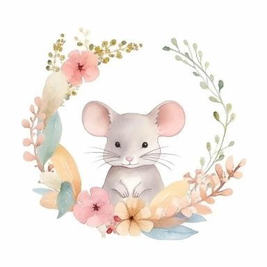 A cute mouse in a dainty minimalist floral wreath, watercolour, magical, clipart, isolated white background, 8k