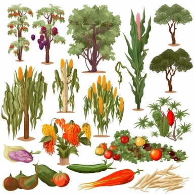 clipart set of vegetables plants of tomato, corn, cucumber, eggplant, carrot in different shaded forms, in the style of african jungle, renaissance-inspired, naturecore, impressionist-landscapes, white background