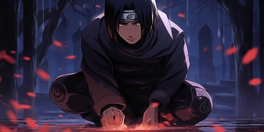 A riveting, high-resolution image captures the compelling anime drawing of Itachi Uchiha from the revered Naruto series. The illustration impeccably mirrors the distinctive anime art style, demonstrating a clear understanding of the specific design cues that distinguish the Naruto universe. The composition reveals Itachi in a dynamic, crouching stance, standing precariously on his fingertips. His knees are bent forward, and his back leans in the same direction, establishing a unique and expressi